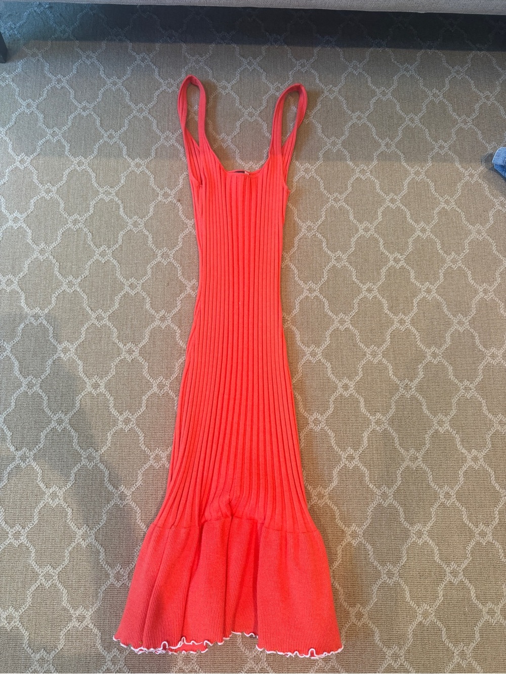MAJORELLE Coral Red Ribbed Maxi Dress with Flounced Hem